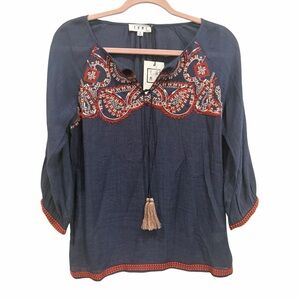 THML Navy Embroidered Tassel Blouse – Size Small NEW Boho Peasant